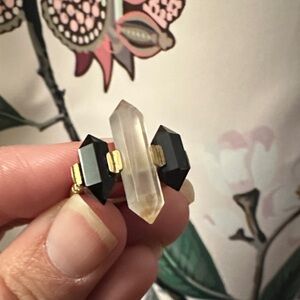 Elegant Goldtone Ring w/ Black Onyx & Crystal